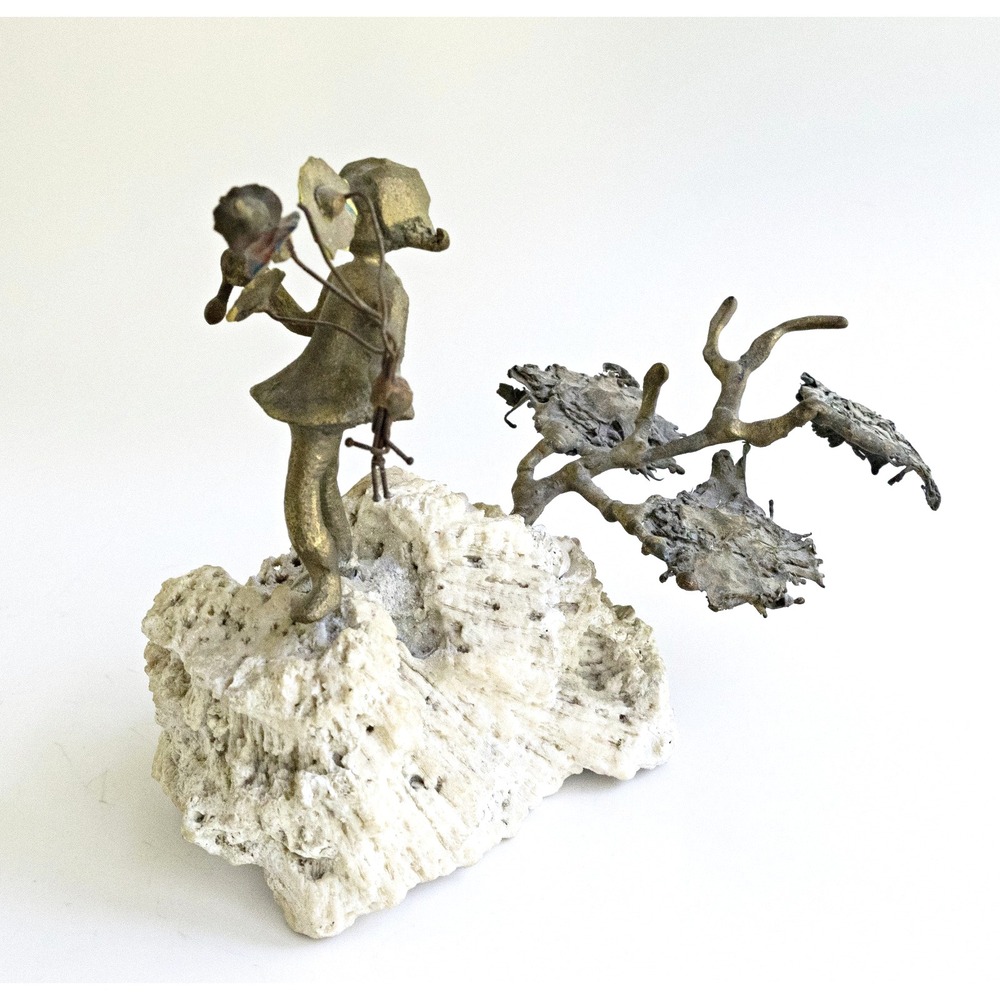 Vintage Brutalist Sculpture Little Girl With Flowers Bronze Stone Base - Picture 4 of 8